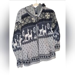 Andino Artesanias Wool Jacket M Made In Ecuador Llama Stars Hooded Holiday.